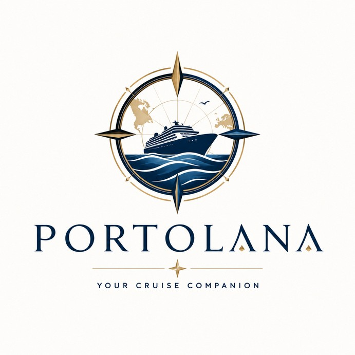 Portolana Logo: Kompassrose mit Kreuzfahrtschiff – Your Cruise Companion