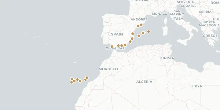 Karte der Kreuzfahrthäfen in Spanien mit 19 Anlegern