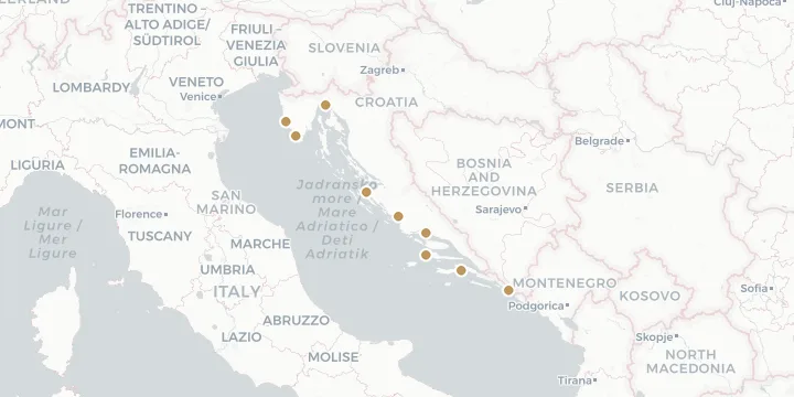 Karte der Kreuzfahrthäfen in Kroatien mit 9 Anlegern